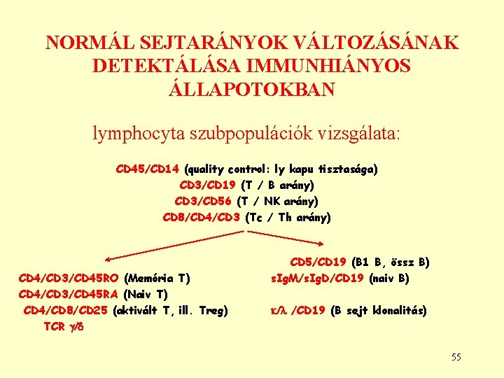 NORMÁL SEJTARÁNYOK VÁLTOZÁSÁNAK DETEKTÁLÁSA IMMUNHIÁNYOS ÁLLAPOTOKBAN lymphocyta szubpopulációk vizsgálata: CD 45/CD 14 (quality control: NORMÁL SEJTARÁNYOK VÁLTOZÁSÁNAK DETEKTÁLÁSA IMMUNHIÁNYOS ÁLLAPOTOKBAN lymphocyta szubpopulációk vizsgálata: CD 45/CD 14 (quality control: