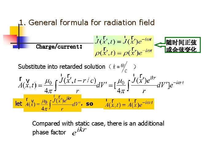 1. General formula for radiation field Charge/current： 随时间正弦 或余弦变化 Substitute into retarded solution（ ）