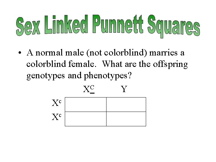  • A normal male (not colorblind) marries a colorblind female. What are the