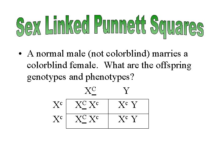  • A normal male (not colorblind) marries a colorblind female. What are the