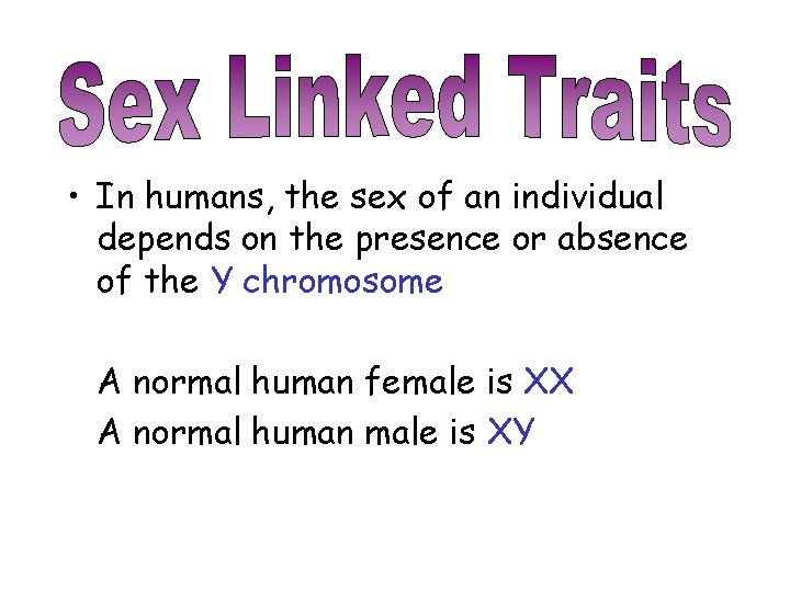  • In humans, the sex of an individual depends on the presence or