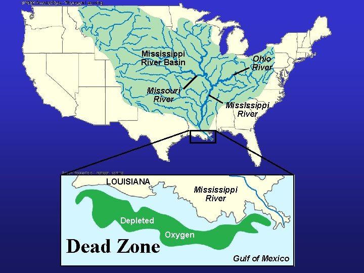 Mississippi River Basin Ohio River Missouri River LOUISIANA Mississippi River Depleted Dead Zone Oxygen