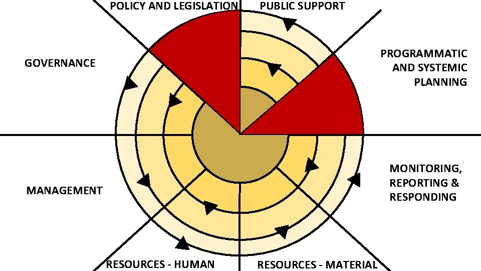 POLICY AND LEGISLATION PUBLIC SUPPORT PROGRAMMATIC AND SYSTEMIC PLANNING GOVERNANCE MONITORING, REPORTING & RESPONDING