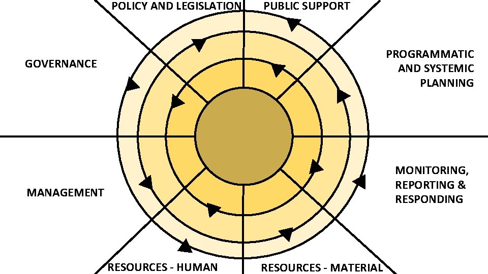 POLICY AND LEGISLATION PUBLIC SUPPORT PROGRAMMATIC AND SYSTEMIC PLANNING GOVERNANCE MONITORING, REPORTING & RESPONDING