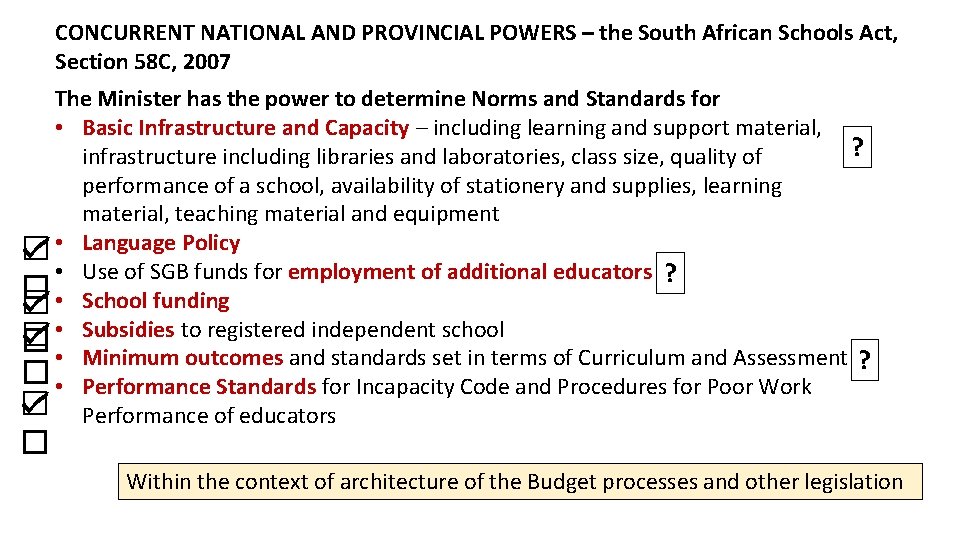 CONCURRENT NATIONAL AND PROVINCIAL POWERS – the South African Schools Act, Section 58 C,