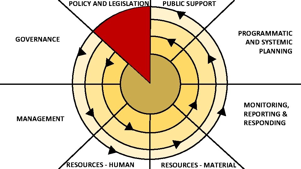 POLICY AND LEGISLATION PUBLIC SUPPORT PROGRAMMATIC AND SYSTEMIC PLANNING GOVERNANCE MONITORING, REPORTING & RESPONDING