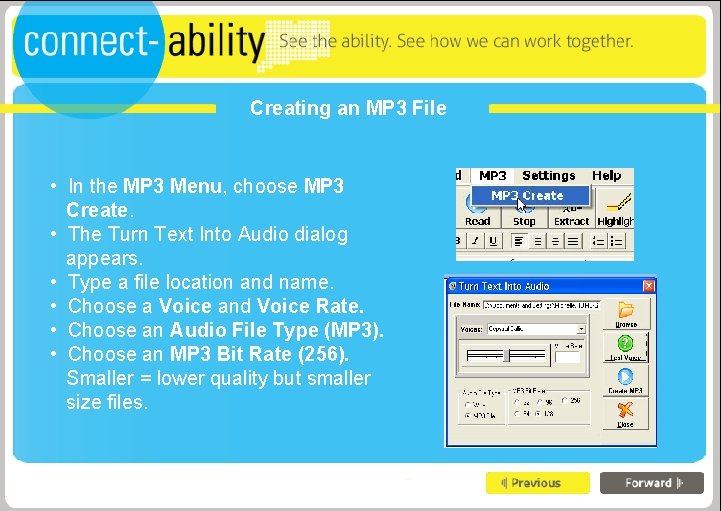 Creating an MP 3 File • In the MP 3 Menu, choose MP 3