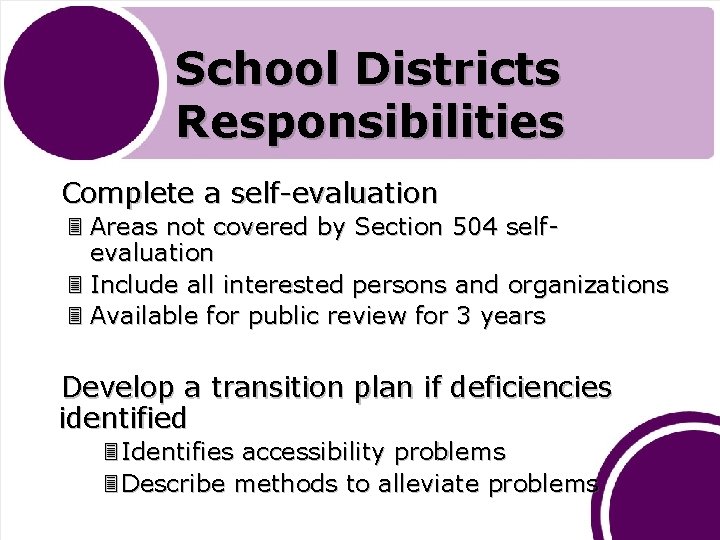 School Districts Responsibilities Complete a self-evaluation 3 Areas not covered by Section 504 selfevaluation