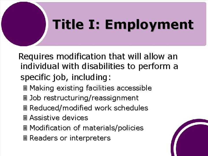 Title I: Employment Requires modification that will allow an individual with disabilities to perform