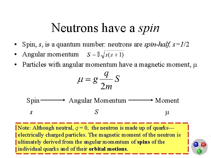 Neutrons have a spin • Spin, s, is a quantum number: neutrons are spin-half,