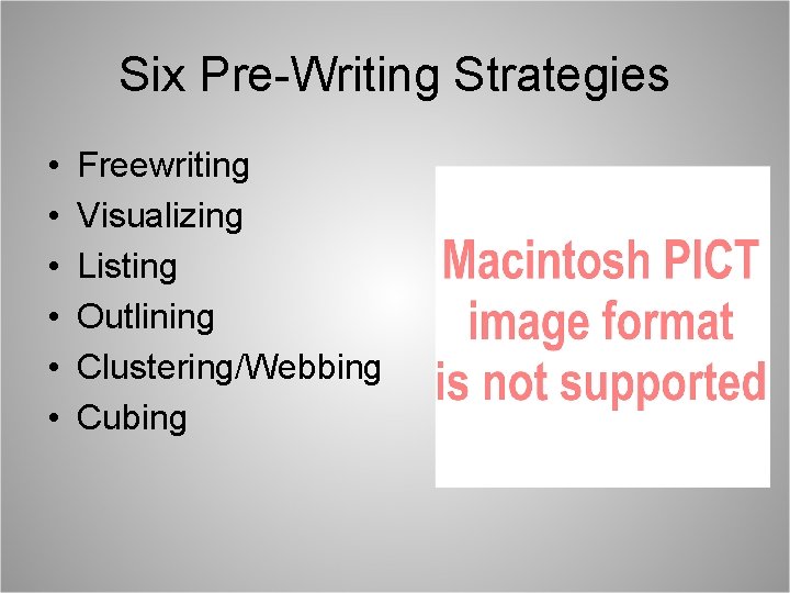 Six Pre-Writing Strategies • • • Freewriting Visualizing Listing Outlining Clustering/Webbing Cubing 