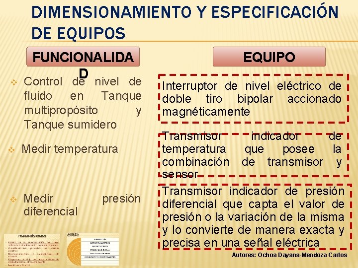 DIMENSIONAMIENTO Y ESPECIFICACIÓN DE EQUIPOS v FUNCIONALIDA D Control de nivel de fluido en