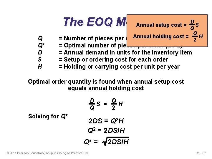 D The EOQ Model Annual setup cost = S Q Q Q* D S