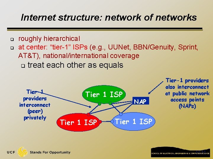 Internet structure: network of networks q q roughly hierarchical at center: “tier-1” ISPs (e.