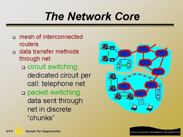 The Network Core q q mesh of interconnected routers data transfer methods through net