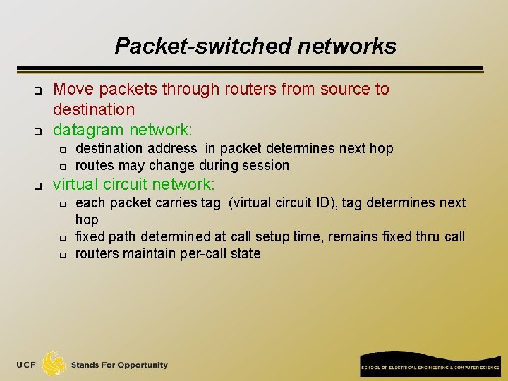 Packet-switched networks q q Move packets through routers from source to destination datagram network: