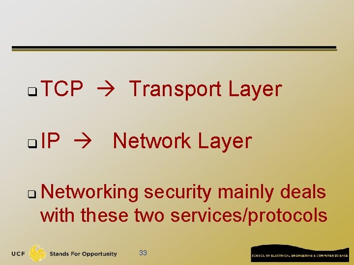 q TCP Transport Layer q IP Network Layer q Networking security mainly deals with