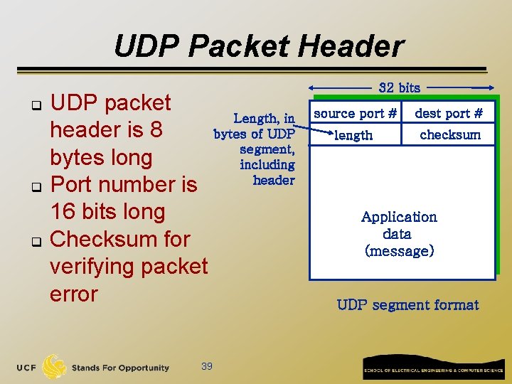 UDP Packet Header q q q UDP packet Length, in header is 8 bytes