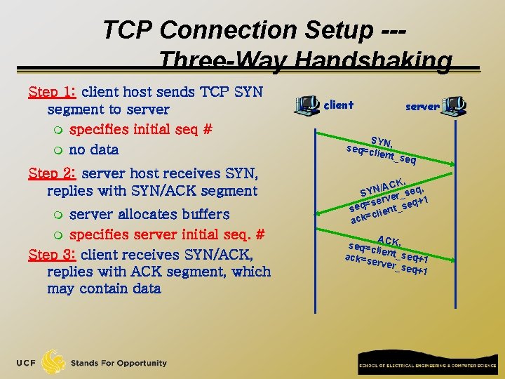 TCP Connection Setup --Three-Way Handshaking Step 1: client host sends TCP SYN segment to