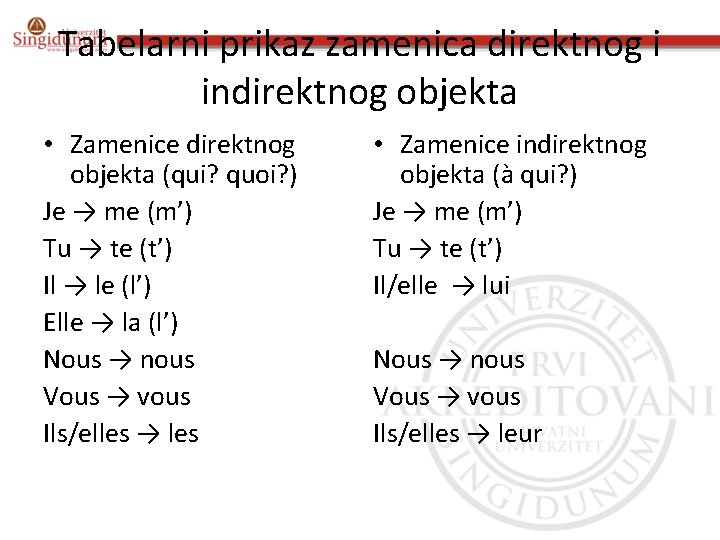 Tabelarni prikaz zamenica direktnog i indirektnog objekta • Zamenice direktnog objekta (qui? quoi? )