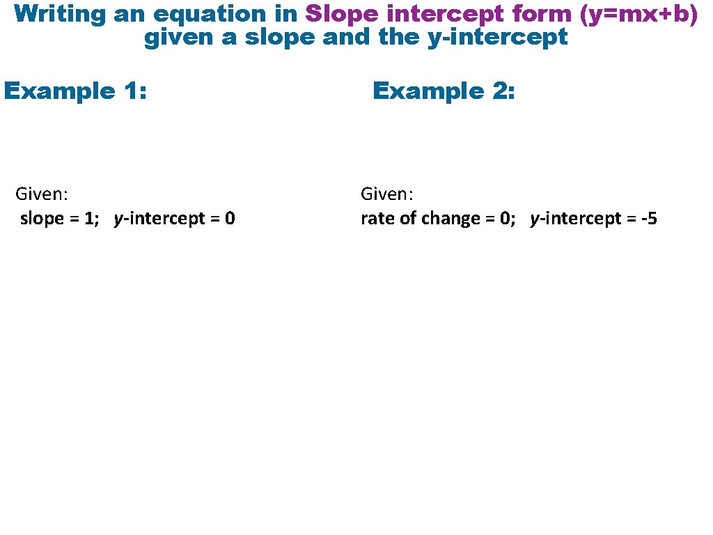 Writing an equation in Slope intercept form (y=mx+b) given a slope and the y-intercept