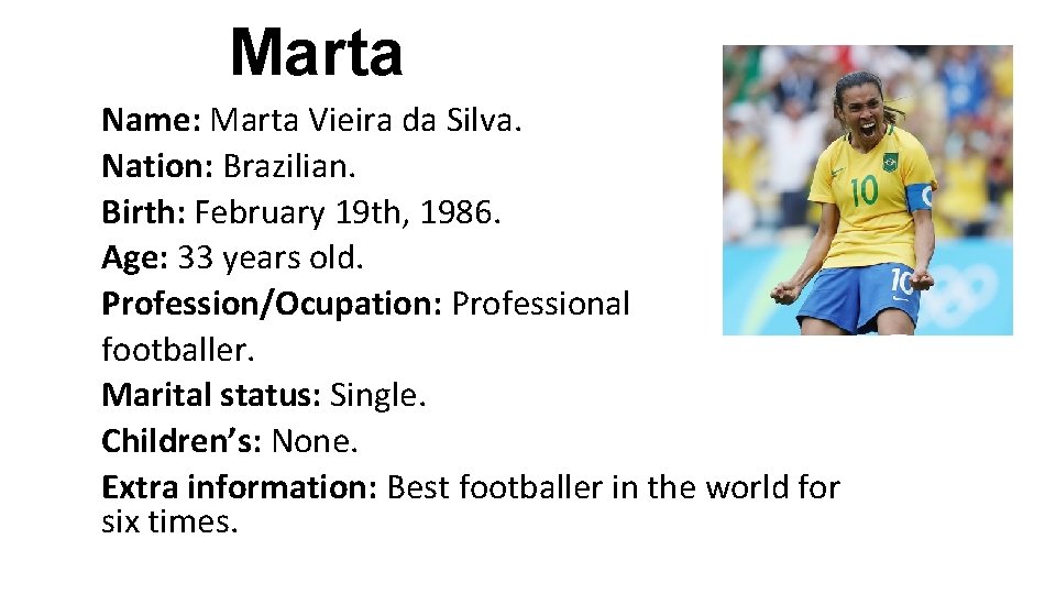 Marta Name: Marta Vieira da Silva. Nation: Brazilian. Birth: February 19 th, 1986. Age: Marta Name: Marta Vieira da Silva. Nation: Brazilian. Birth: February 19 th, 1986. Age: