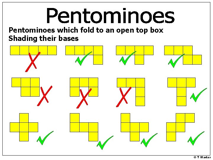 Pentominoes which fold to an open top box Shading their bases © T Madas