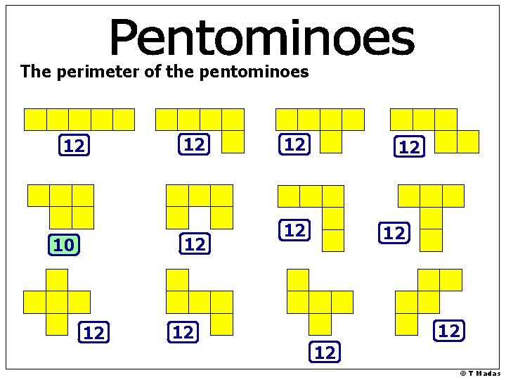 The perimeter of the pentominoes 12 12 12 10 12 12 © T Madas