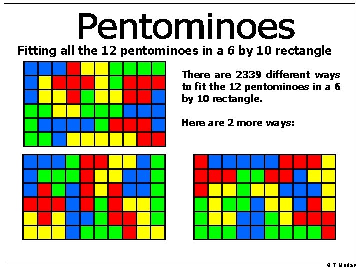 Fitting all the 12 pentominoes in a 6 by 10 rectangle There are 2339