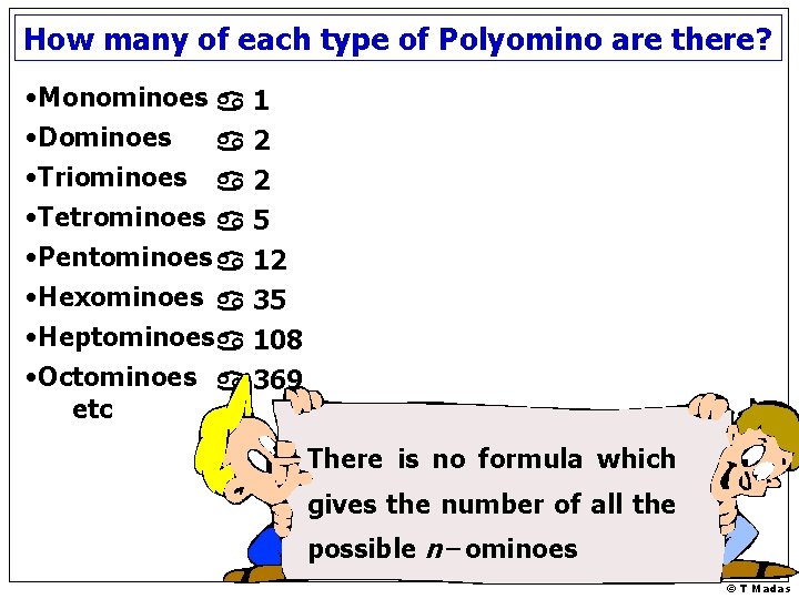 How many of each type of Polyomino are there? • Monominoes a 1 •