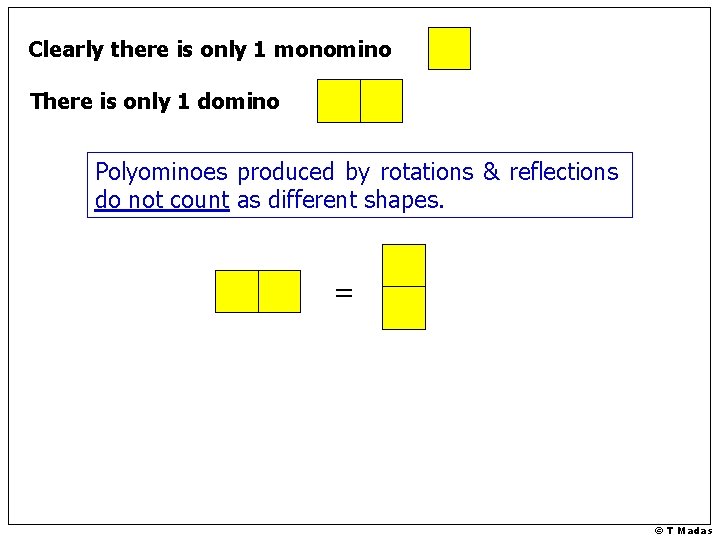 Clearly there is only 1 monomino There is only 1 domino Polyominoes produced by
