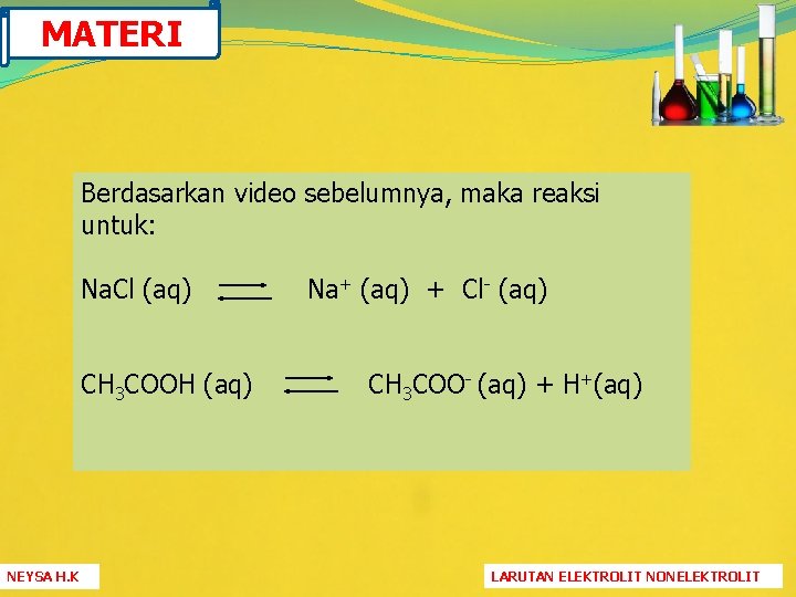 MATERI Berdasarkan video sebelumnya, maka reaksi untuk: Na. Cl (aq) Na+ (aq) + Cl-