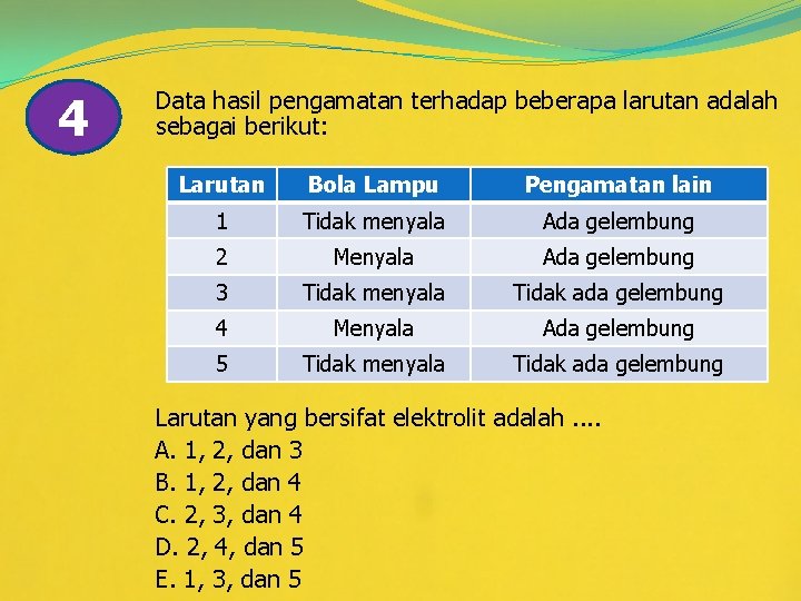 4 Data hasil pengamatan terhadap beberapa larutan adalah sebagai berikut: Larutan Bola Lampu Pengamatan