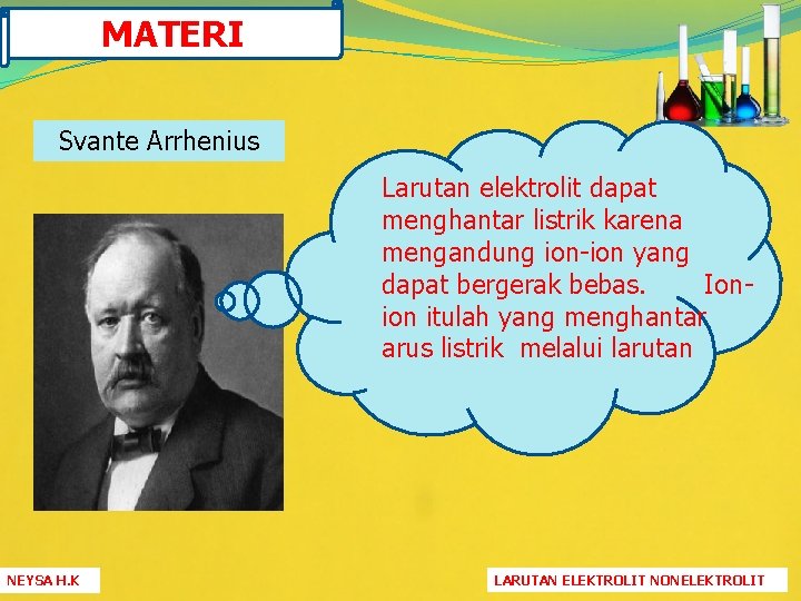 MATERI Svante Arrhenius Larutan elektrolit dapat menghantar listrik karena mengandung ion-ion yang dapat bergerak