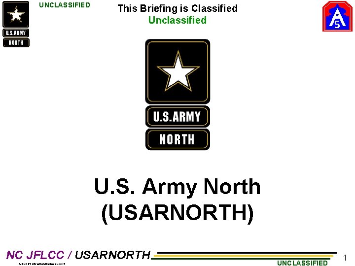 UNCLASSIFIED This Briefing is Classified Unclassified 5 U. S. Army North (USARNORTH) NC JFLCC