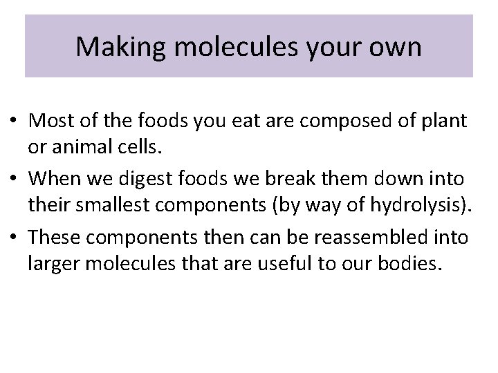 Making molecules your own • Most of the foods you eat are composed of