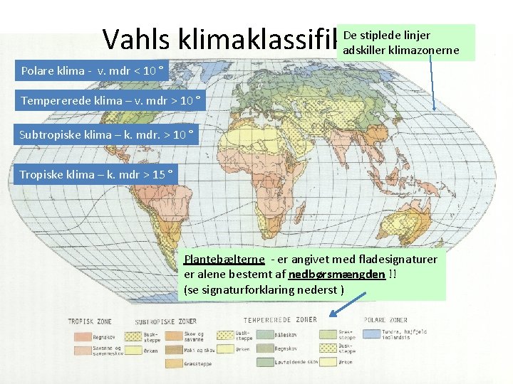 Vahls klimaklassifikation De stiplede linjer adskiller klimazonerne Polare klima - v. mdr < 10 Vahls klimaklassifikation De stiplede linjer adskiller klimazonerne Polare klima - v. mdr < 10