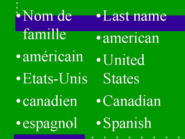  • Nom de famille • américain • Etats-Unis • canadien • espagnol •