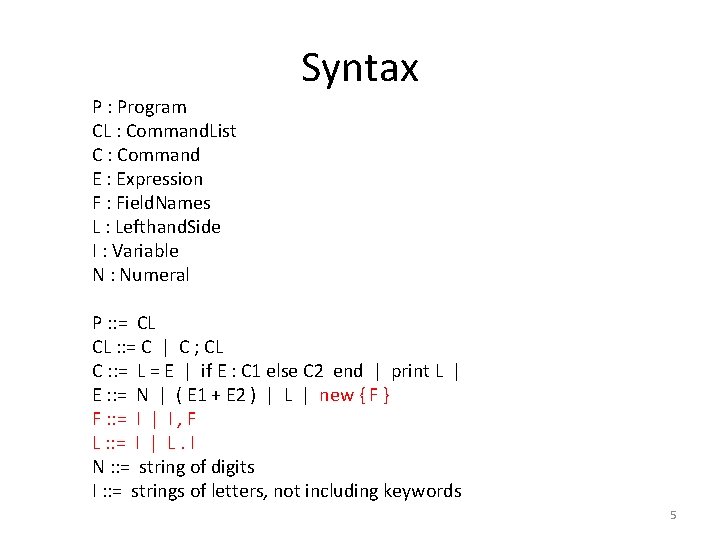 Syntax P : Program CL : Command. List C : Command E : Expression