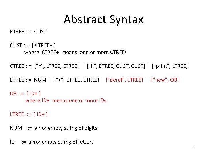 Abstract Syntax PTREE : : = CLIST : : = [ CTREE+ ] where