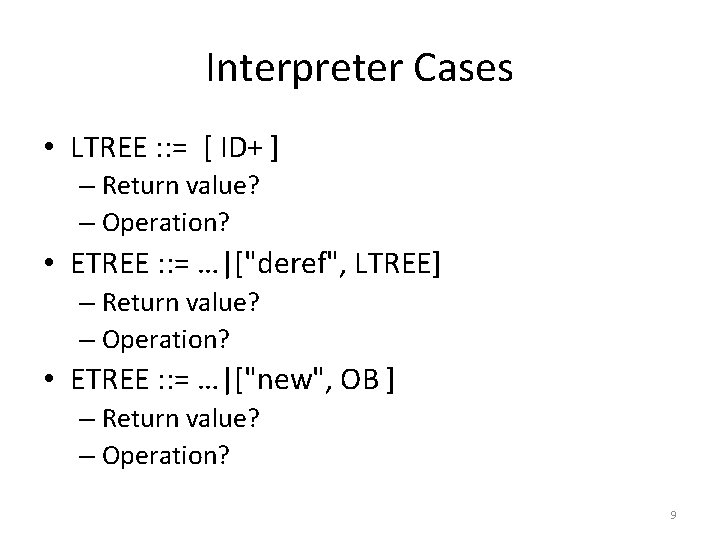 Interpreter Cases • LTREE : : = [ ID+ ] – Return value? –