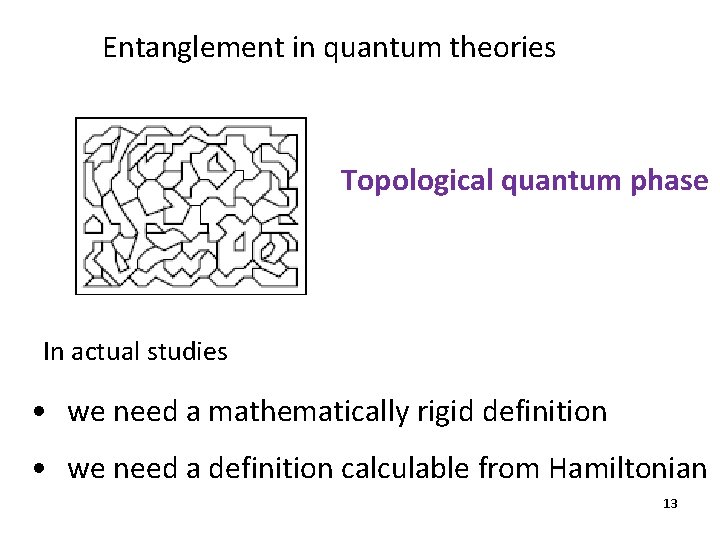 Entanglement in quantum theories Topological quantum phase In actual studies • we need a