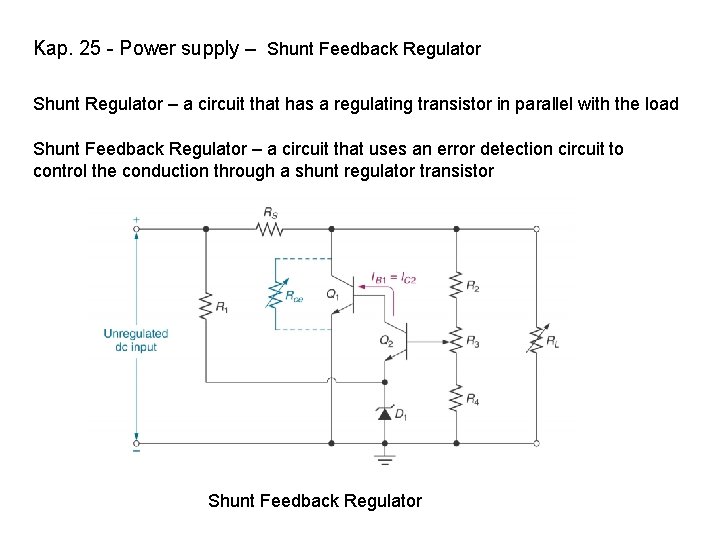 Kap. 25 - Power supply – Shunt Feedback Regulator Shunt Regulator – a circuit