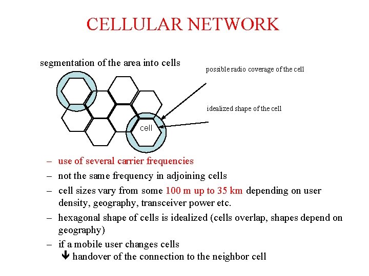 CELLULAR NETWORK segmentation of the area into cells possible radio coverage of the cell CELLULAR NETWORK segmentation of the area into cells possible radio coverage of the cell
