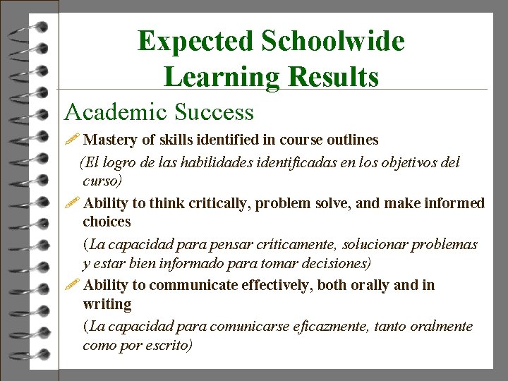 Expected Schoolwide Learning Results Academic Success ! Mastery of skills identified in course outlines