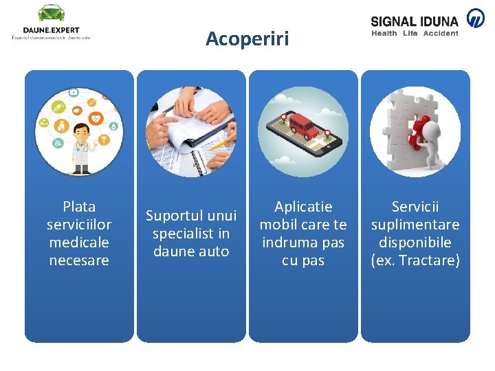 Acoperiri Plata serviciilor medicale necesare Suportul unui specialist in daune auto Aplicatie mobil care