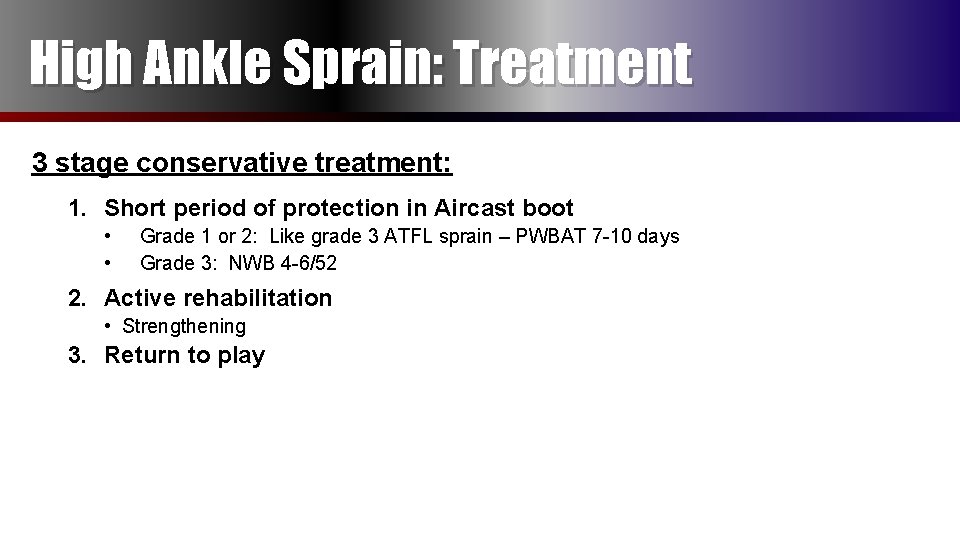 High Ankle Sprain: Treatment 3 stage conservative treatment: 1. Short period of protection in