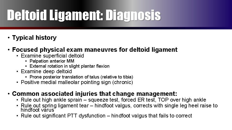 Deltoid Ligament: Diagnosis • Typical history • Focused physical exam maneuvres for deltoid ligament