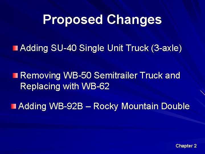 Proposed Changes Adding SU-40 Single Unit Truck (3 -axle) Removing WB-50 Semitrailer Truck and