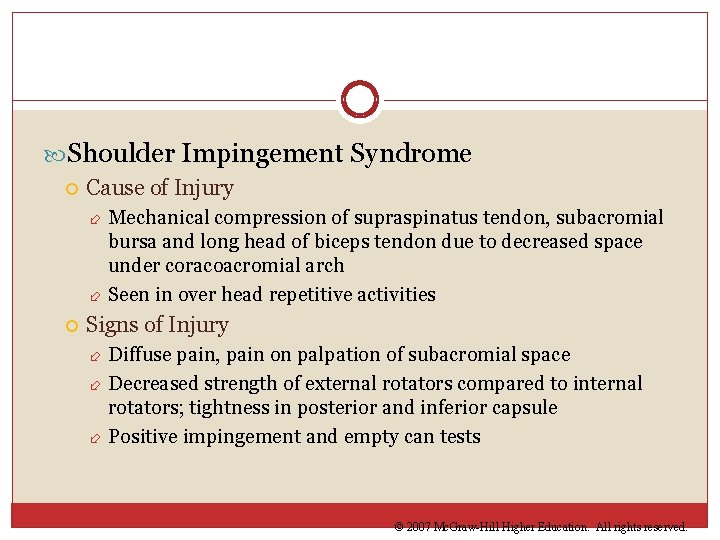  Shoulder Impingement Syndrome Cause of Injury Mechanical compression of supraspinatus tendon, subacromial bursa